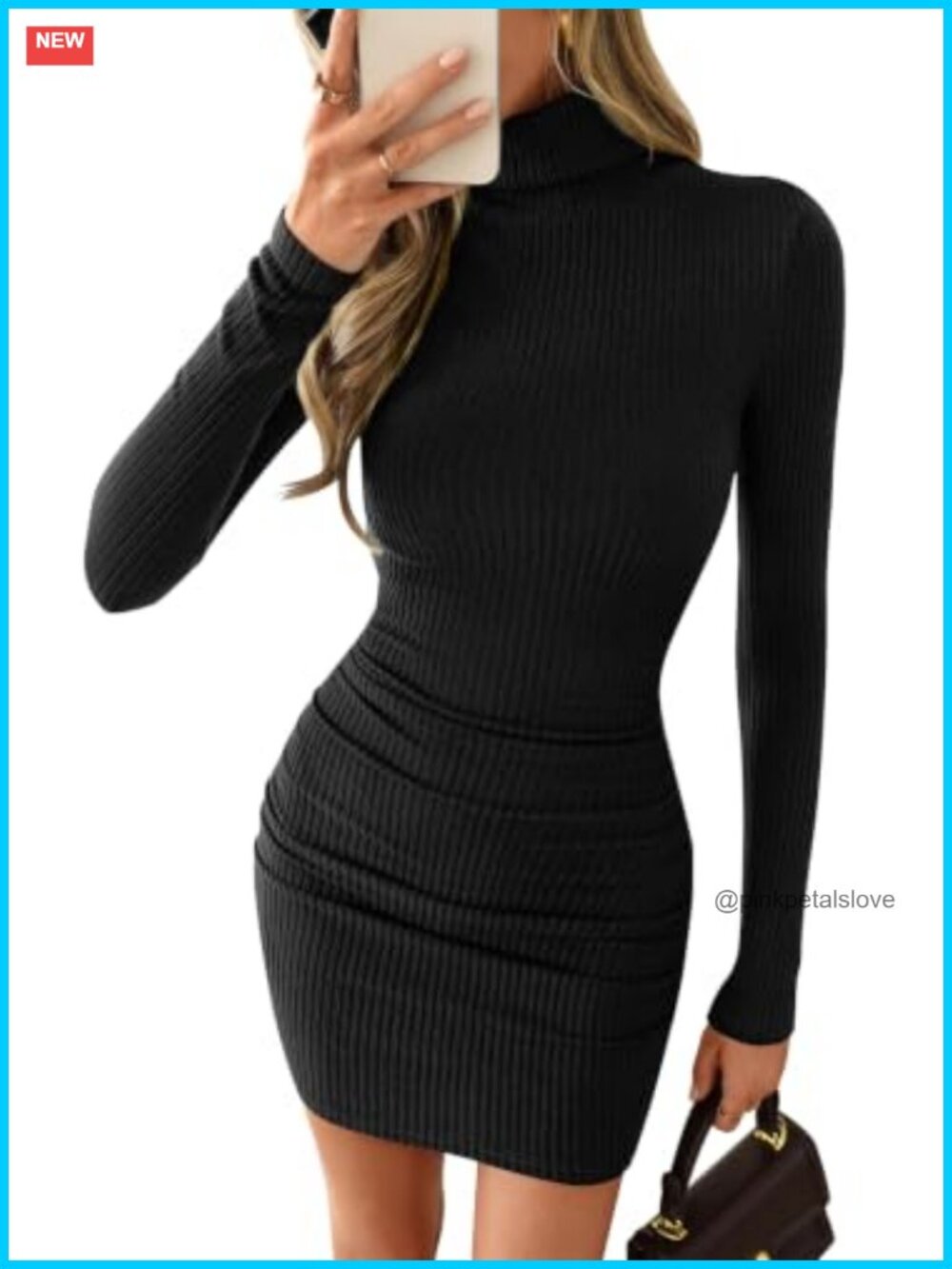 Turtleneck Long Sleeve Bodycon Mini Sweater Dress Ribbed Ruched